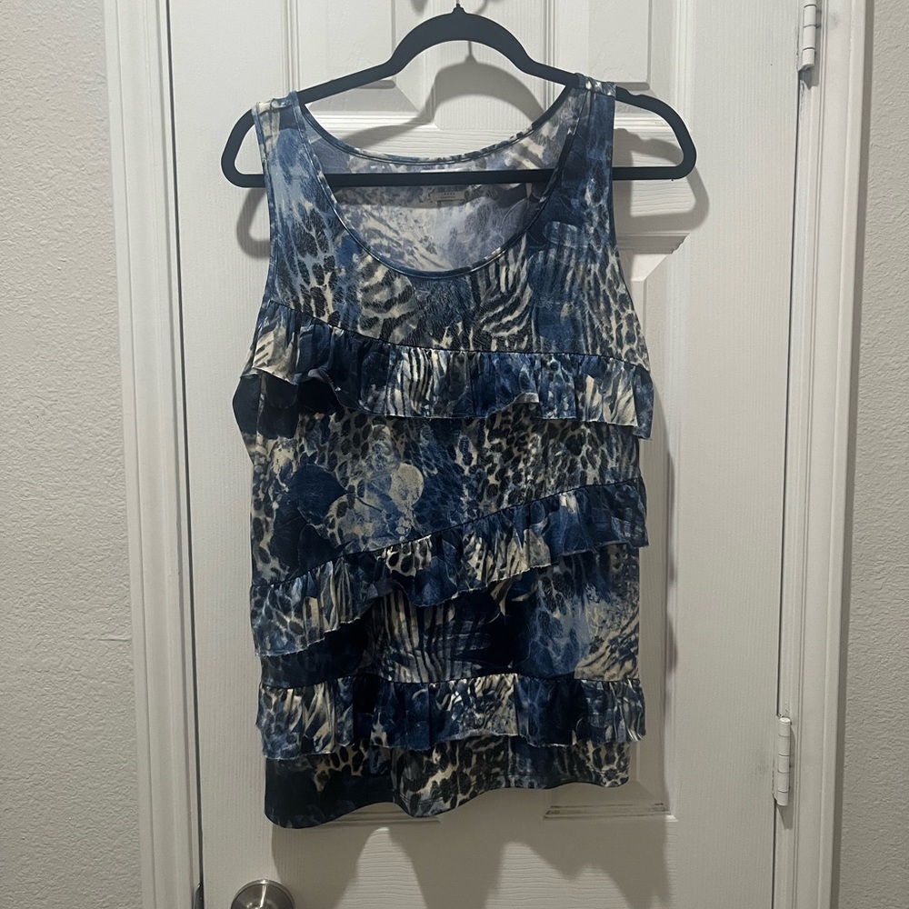 Authentic Y2K Van Heusen Blue and White Patterned Ruffle Tank Top